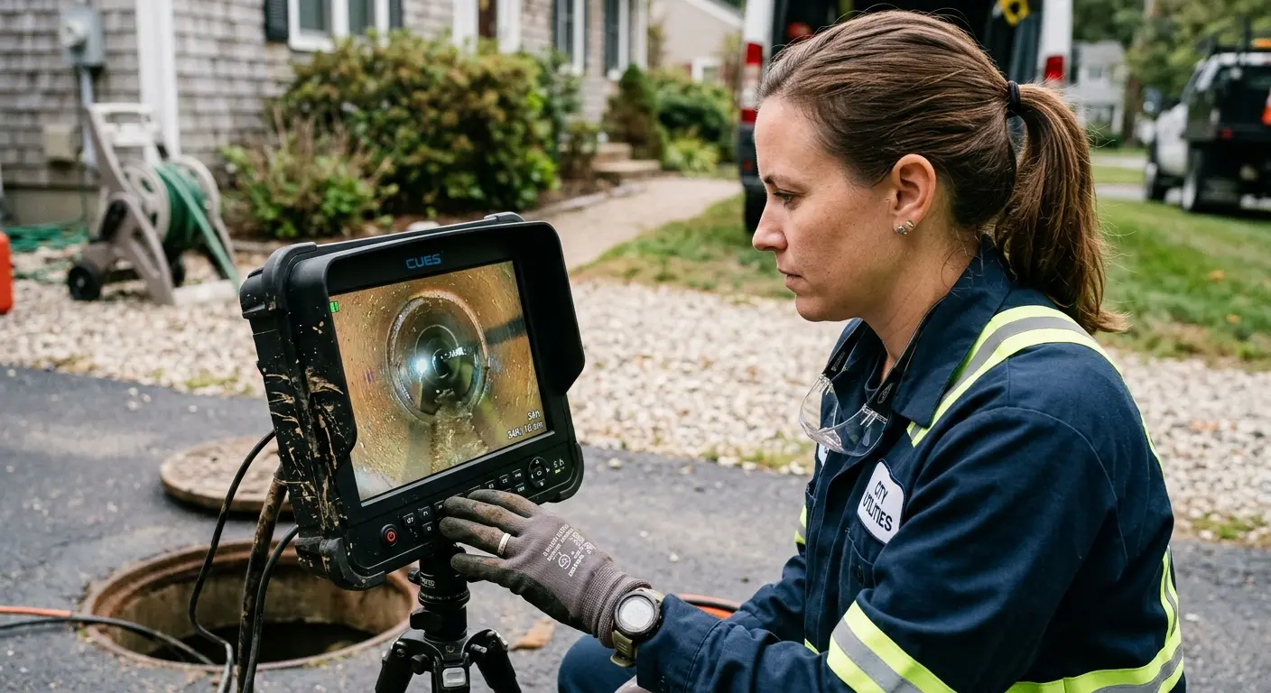 Technician reviewing sewer camera inspection footage in Deer Park