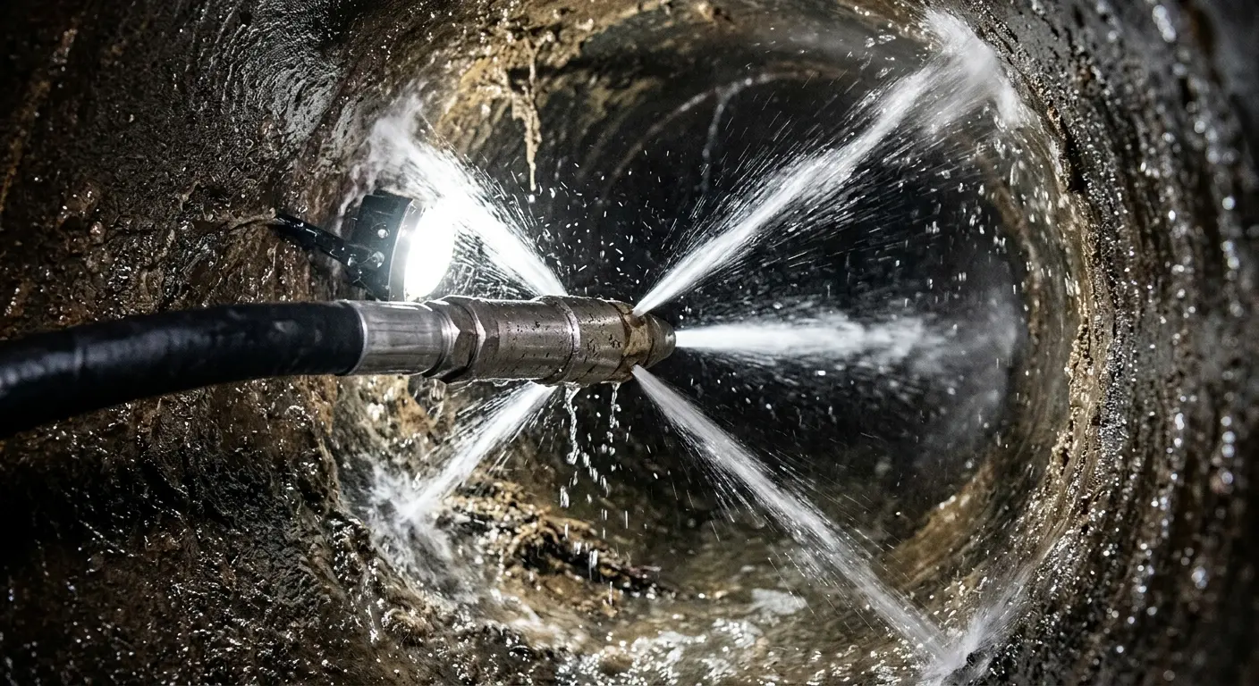 High-pressure hydro jetting nozzle cleaning sewer pipe for Trenchless Sewer Repair in Deer Park