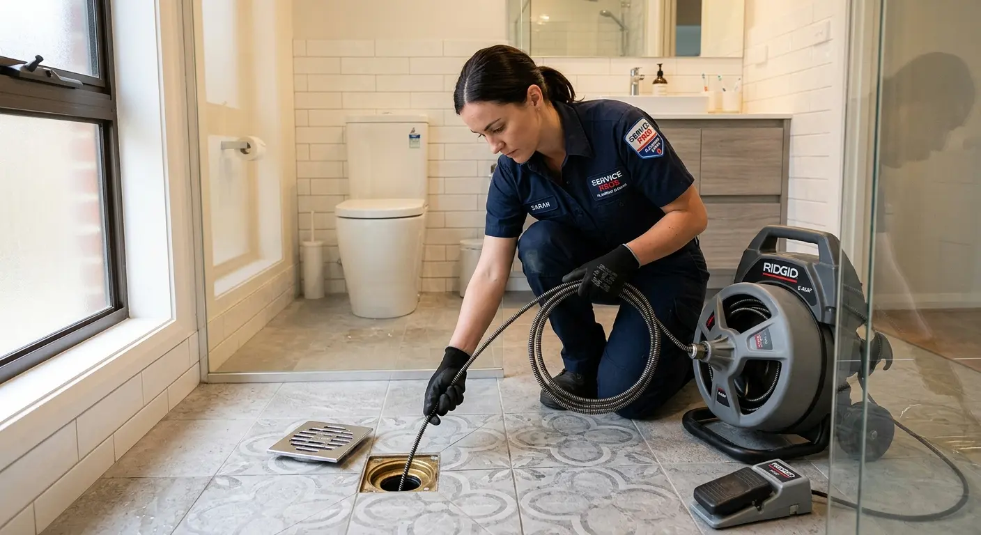 Technician clearing a bathroom floor drain for Drain Repair in Deer Park